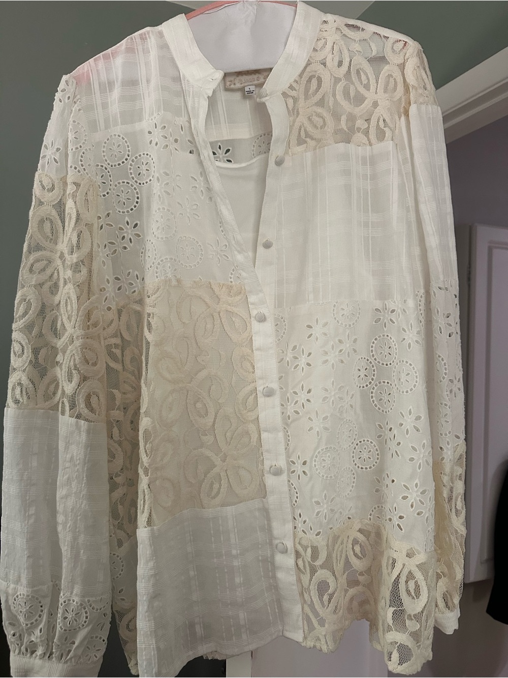 Johnny Was Cream and White Patchwork Lace Button-Front Blouse